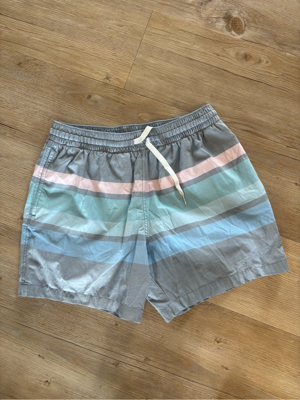 chubbies Gray Swim Trunks with Pastel Pink, Mint and Sky Blue Stripes